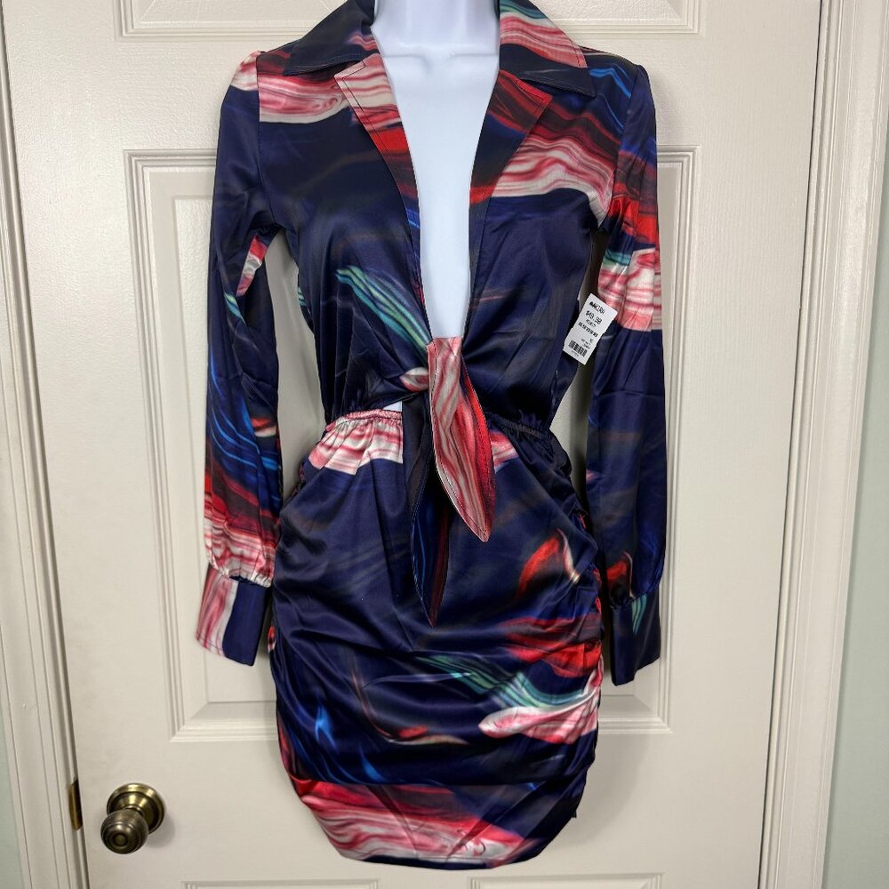AKIRA Swirl Print Satin Mini Dress – XS (Red Multi)